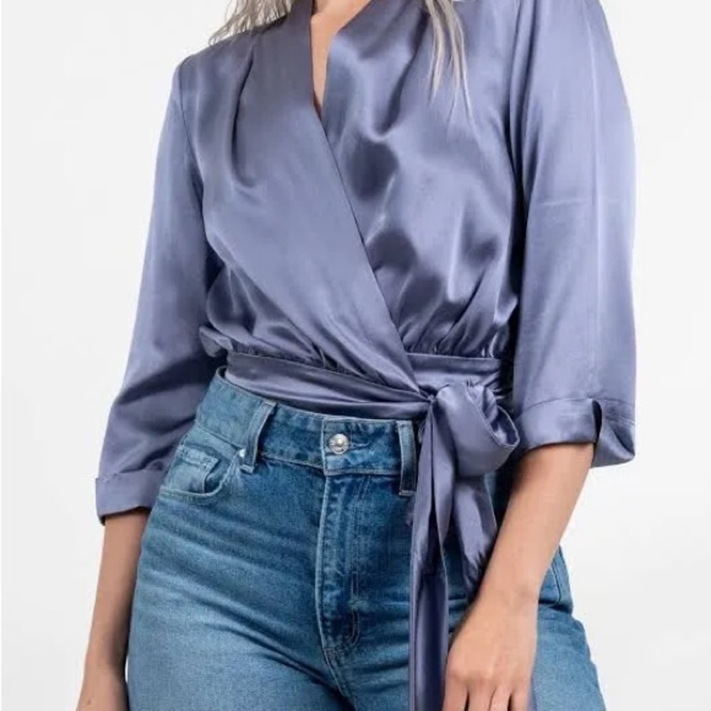 Amanda Uprichard NEW WITH TAGS Satin Wrap Blouse in Blue SZ L